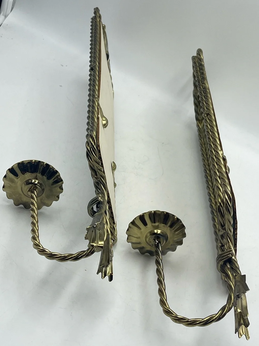 2 Mid Century Hollywood Regency Brass Rope & Tassel Mirrored Candle Wall Sconces